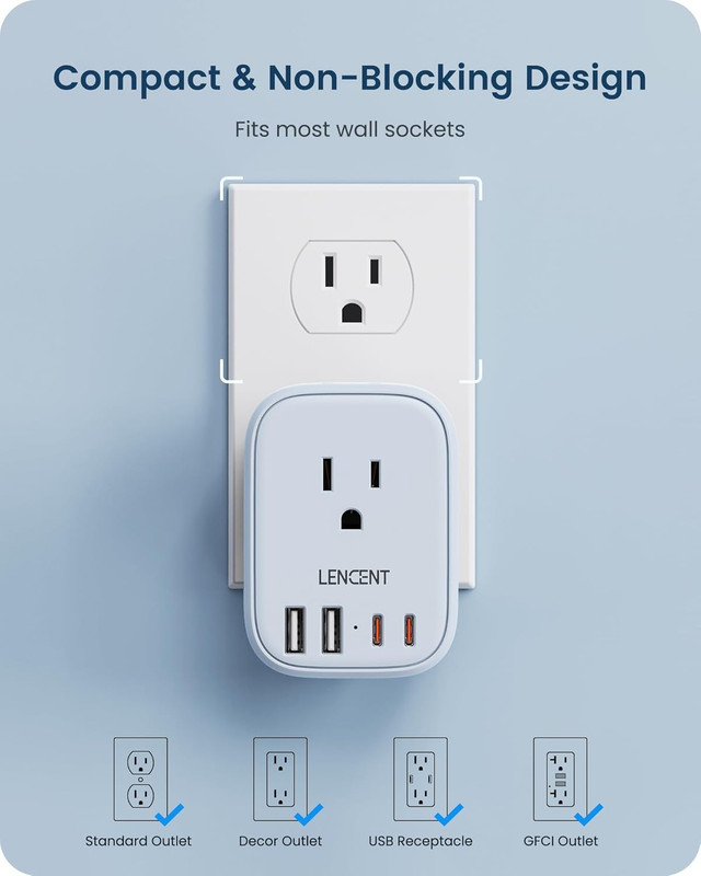 Multi Plug Outlet Extender with USB C, 4 AC Electrical Outlet Expander with 4 US gallery