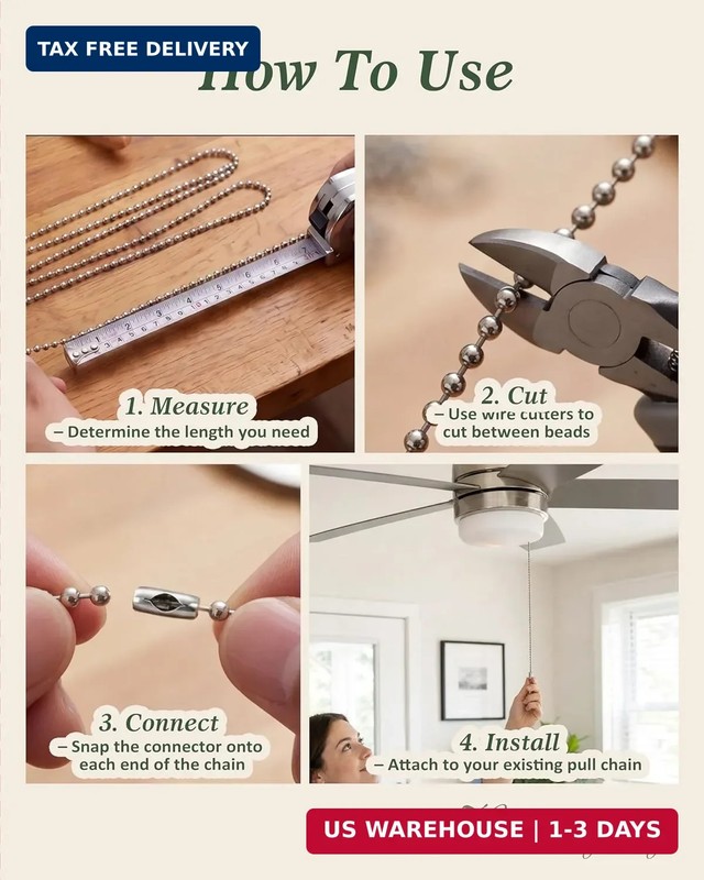 120-Inch Extra Long Ceiling Fan Pull Chain Extender, Premium Ball Chain with 12 gallery