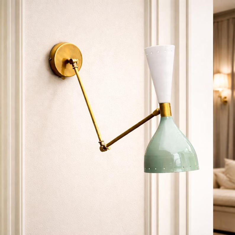 Mid Century Brass Wall Sconce | Adjustable Bedside Reading Lamp Pair gallery
