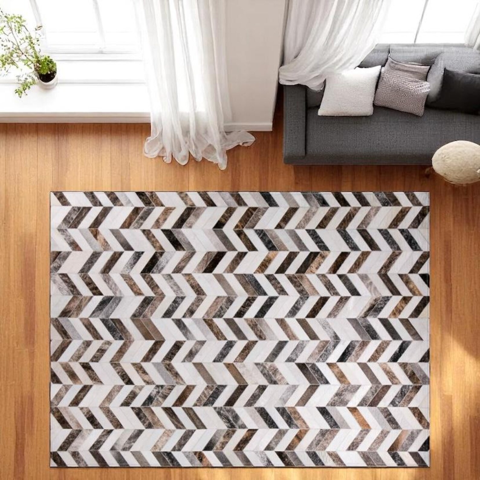Luxury Patchwork Leather Rug Contemporary Chevron Home Carpet gallery