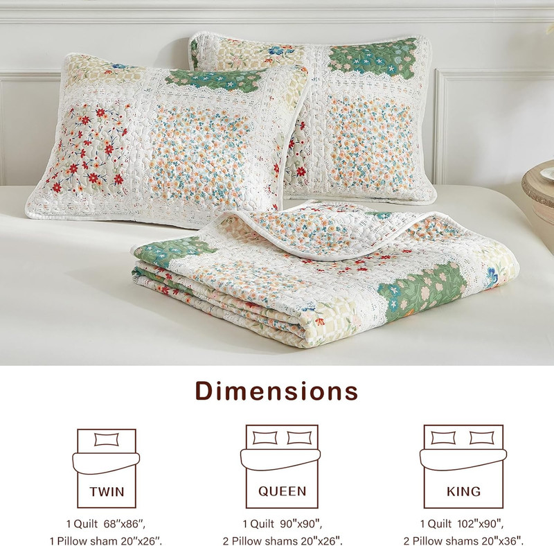 3 Pieces Quilt Set Full/Queen, Patchwork Floral Boho Design, Soft N Cozy Microfi gallery