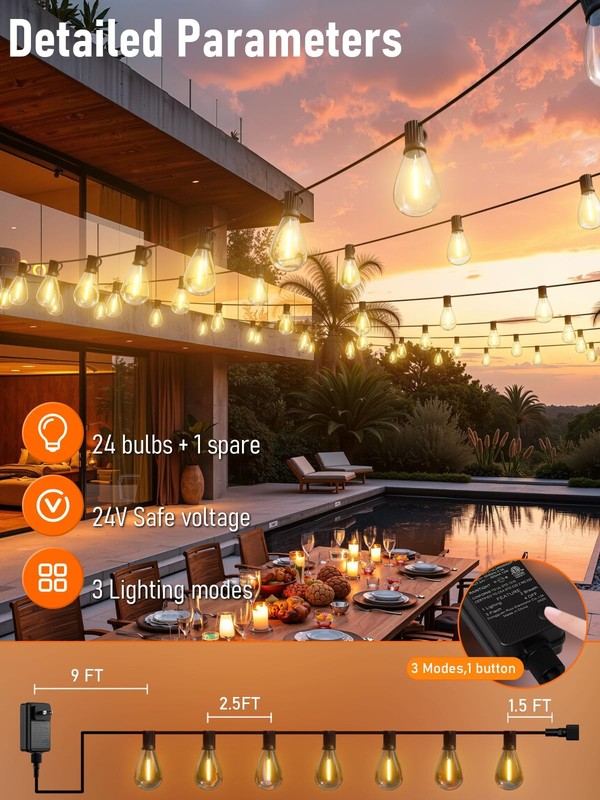 Luckystyle 70FT LED Outdoor String Lights w/ Remote, 24+1 Shatterproof Bulbs gallery