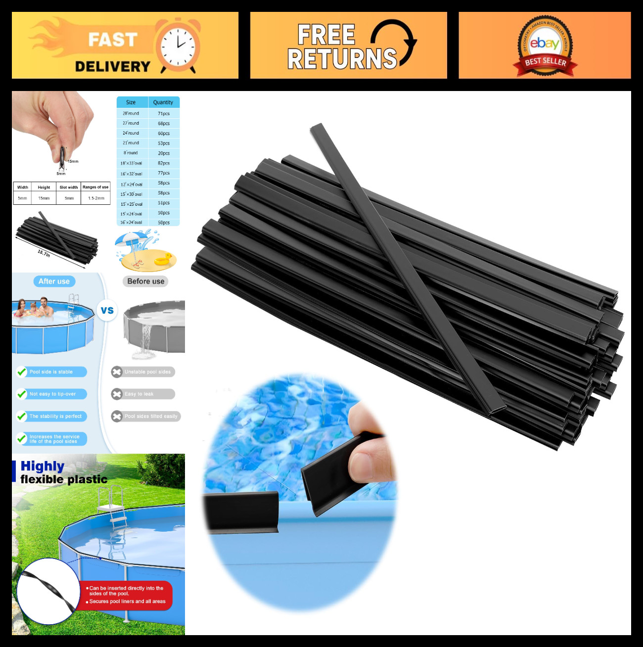 60PCS Pool Coping Strips & Liner Lock Clips for Above Ground Pools, Fits 24ft Ro gallery