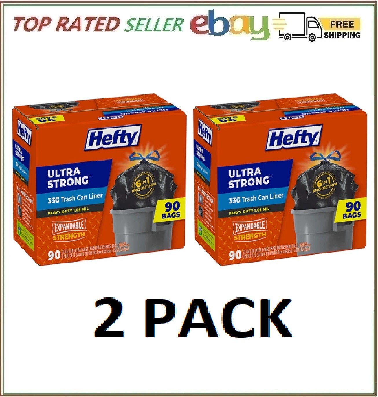 2 Pack - Hefty Ultra Strong Drawstring Trash Bags, Unscented 33 gal., 90 ct. gallery