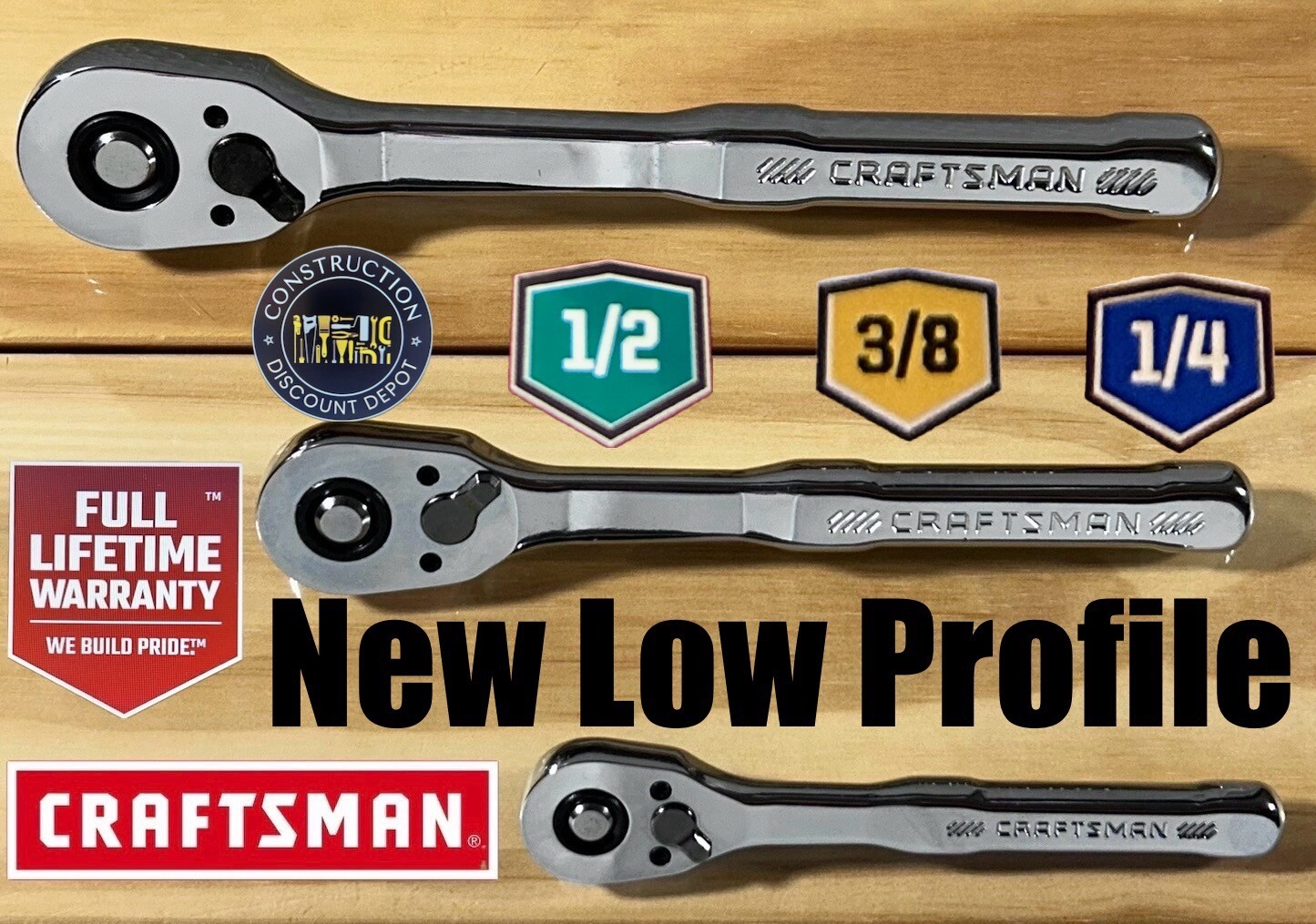 Craftsman 3 Piece LOW PROFILE Ratchet Socket Wrench Set 1/2" 3/8" & 1/4" Drive gallery