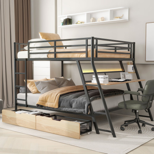 Full Size Metal Bunk Bed Frames with Built-in Desk LED Light and Storage Drawers gallery