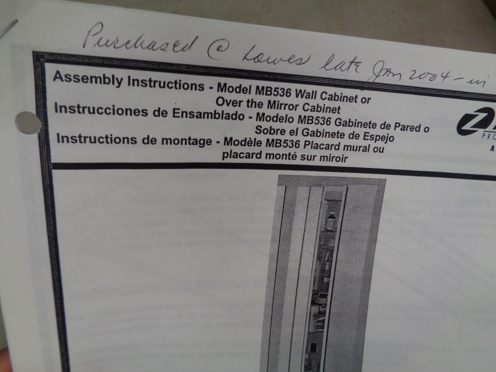 Zenith Assembly Instructions Model MB536 Wall Cabinet / Over the Mirror gallery