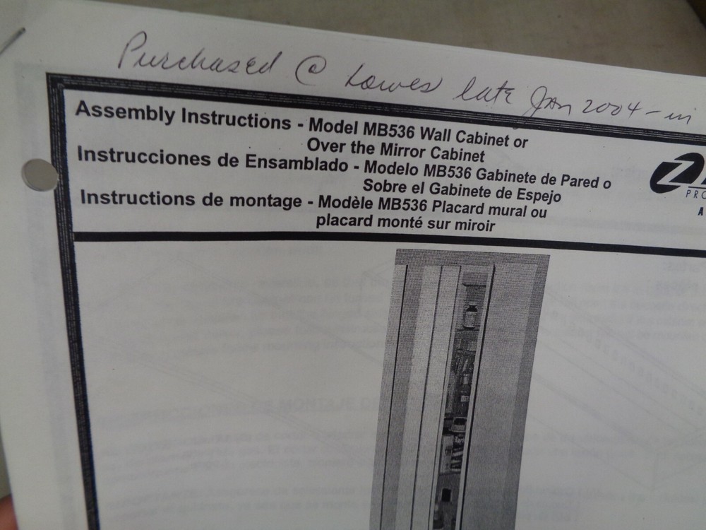 Zenith Assembly Instructions Model MB536 Wall Cabinet / Over the Mirror