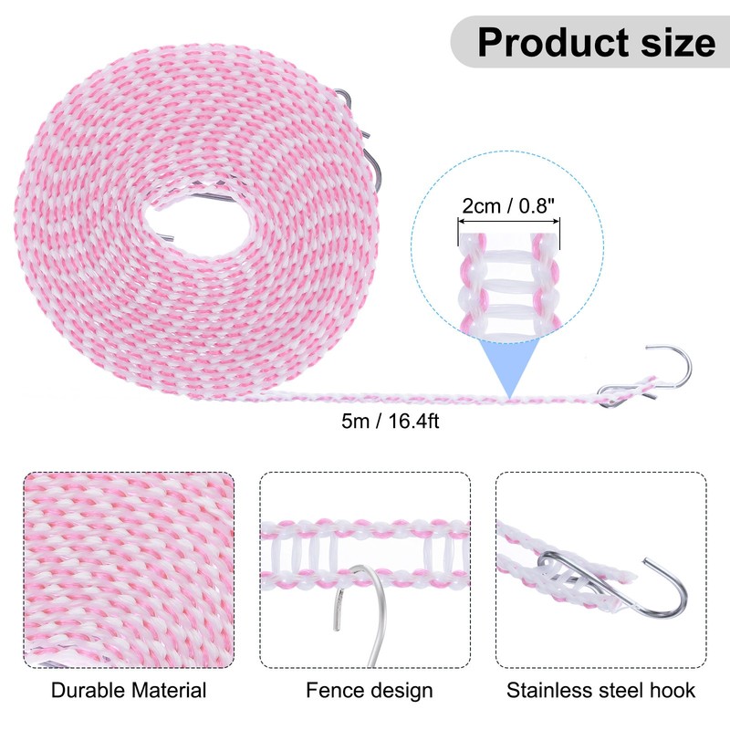 Windproof Clothesline, 5M 16.4ft Plastic Non-Slip Clothes Drying Rope, Pink gallery
