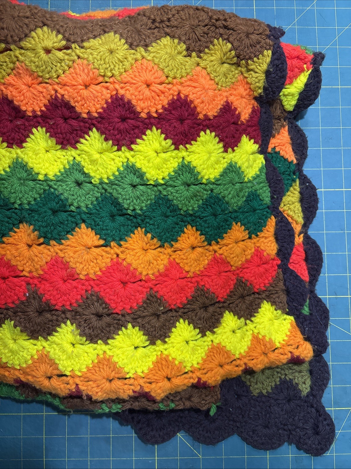VTG Handmade Crochet Afghan Throw Blanket Stripes Brown Green Red Yellow 5’ x 4’ gallery