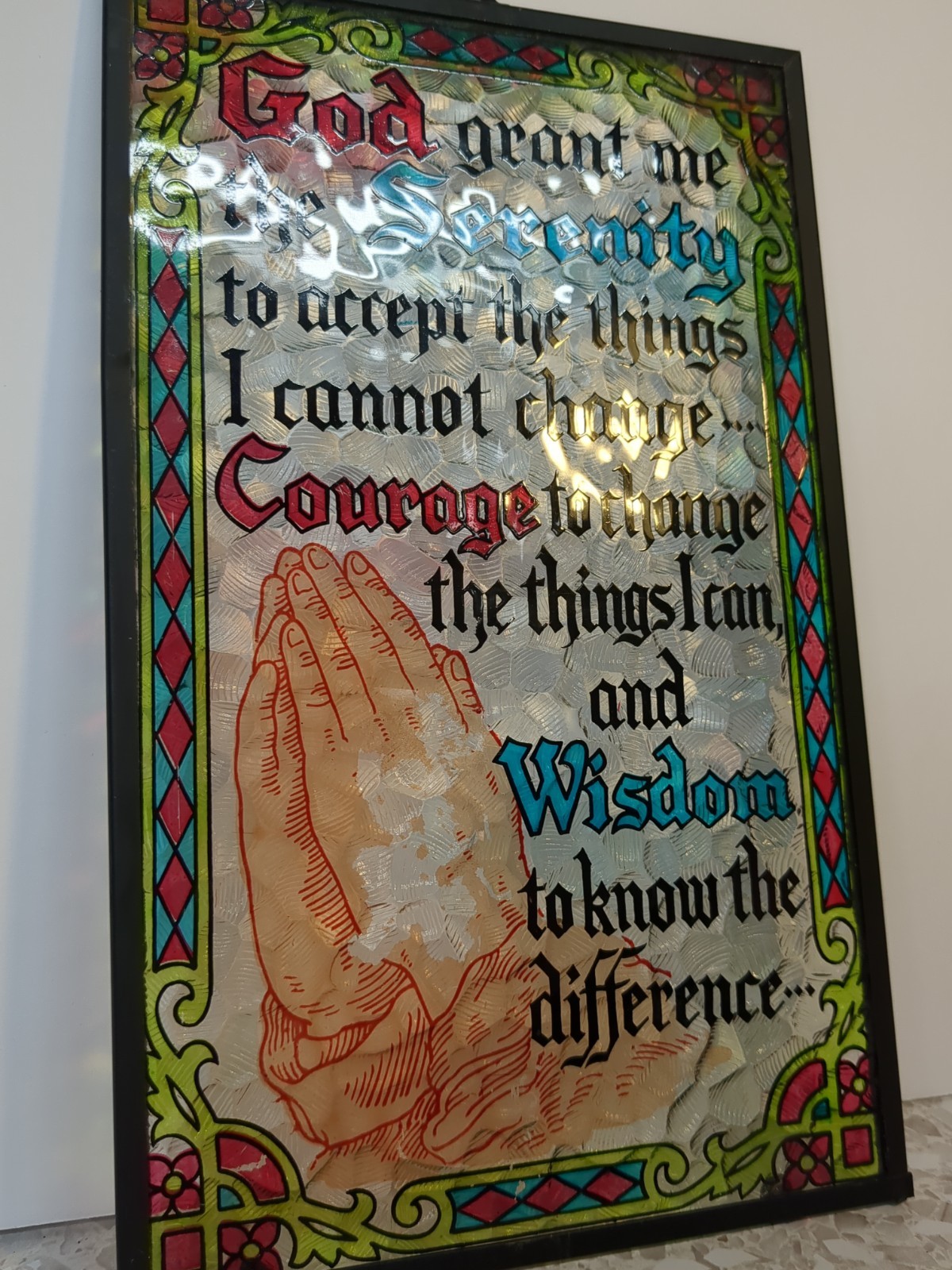 VINTAGE Painted GLASS SUNCATCHER PRAYING HANDS Serenity Prayer Window Hanger gallery