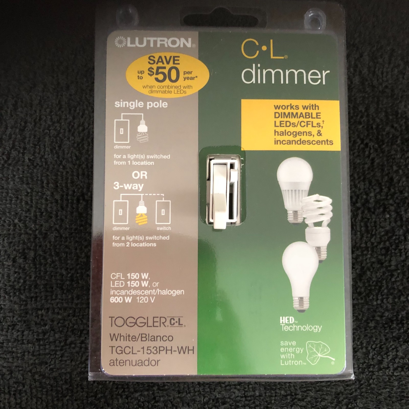 Lutron Toggle Dimmer ~White~ Use for Single or 3-Way - Item #TGCL-153PH-WH~ NEW gallery