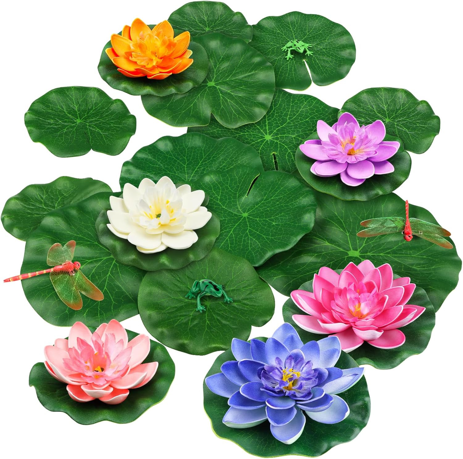 22 Pack Artificial Floating Foam Lotus Flowers with Artificial Frog Lotus Leaves gallery