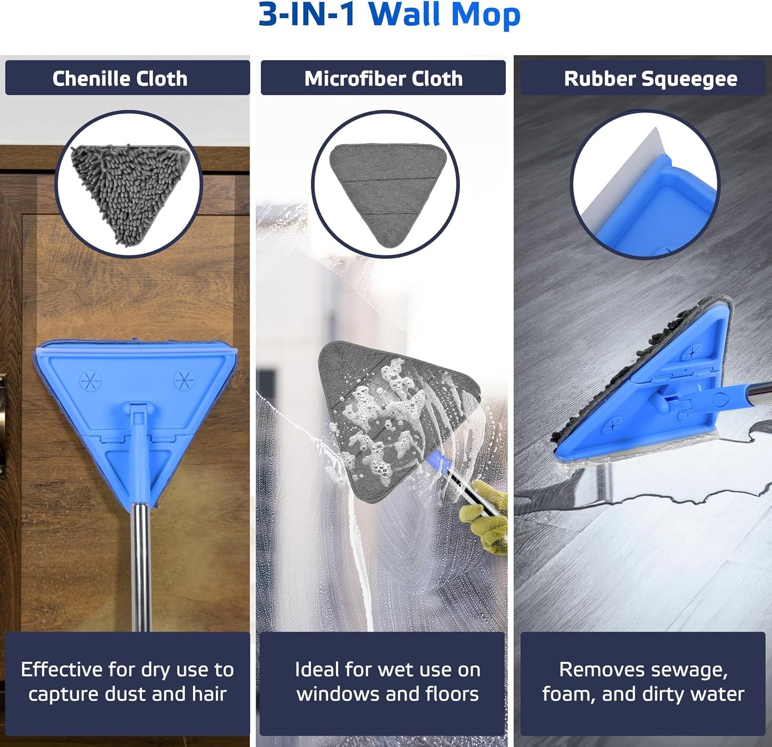Wall Mop, 77 Inches Long Handle Wall Cleaner with Squeegee, 3-In-1 Wall Cleaner gallery
