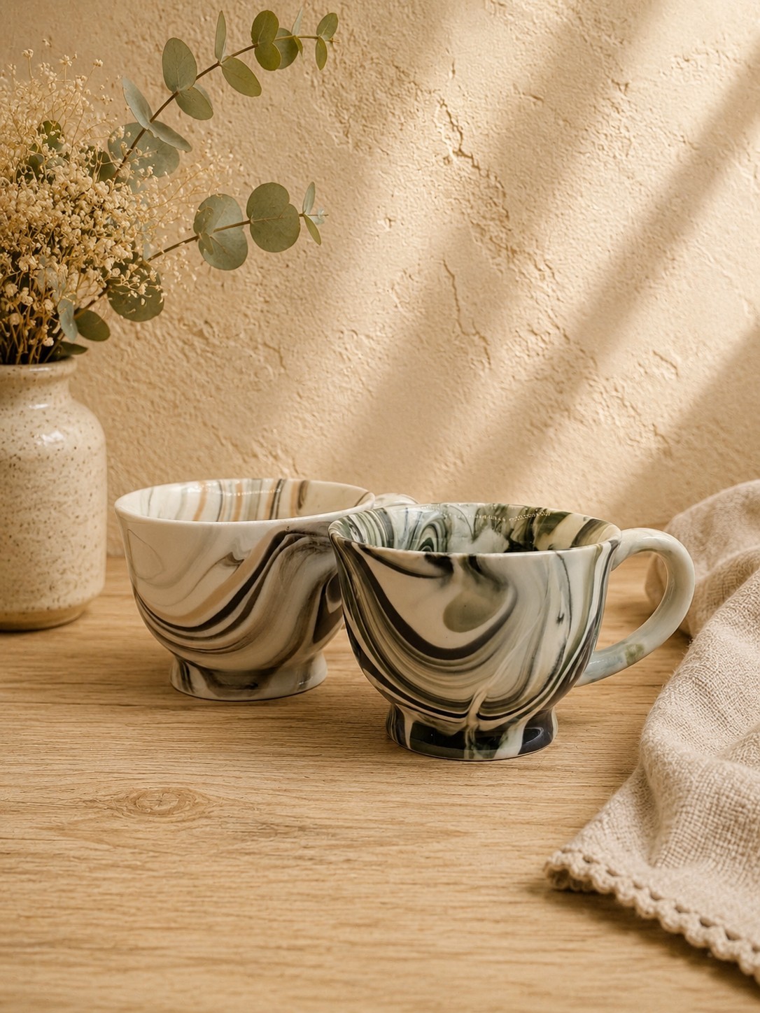 Potter's Studio Marbled Ceramic Coffee Tea Cups Set of 2 Black White Swirl Mugs gallery