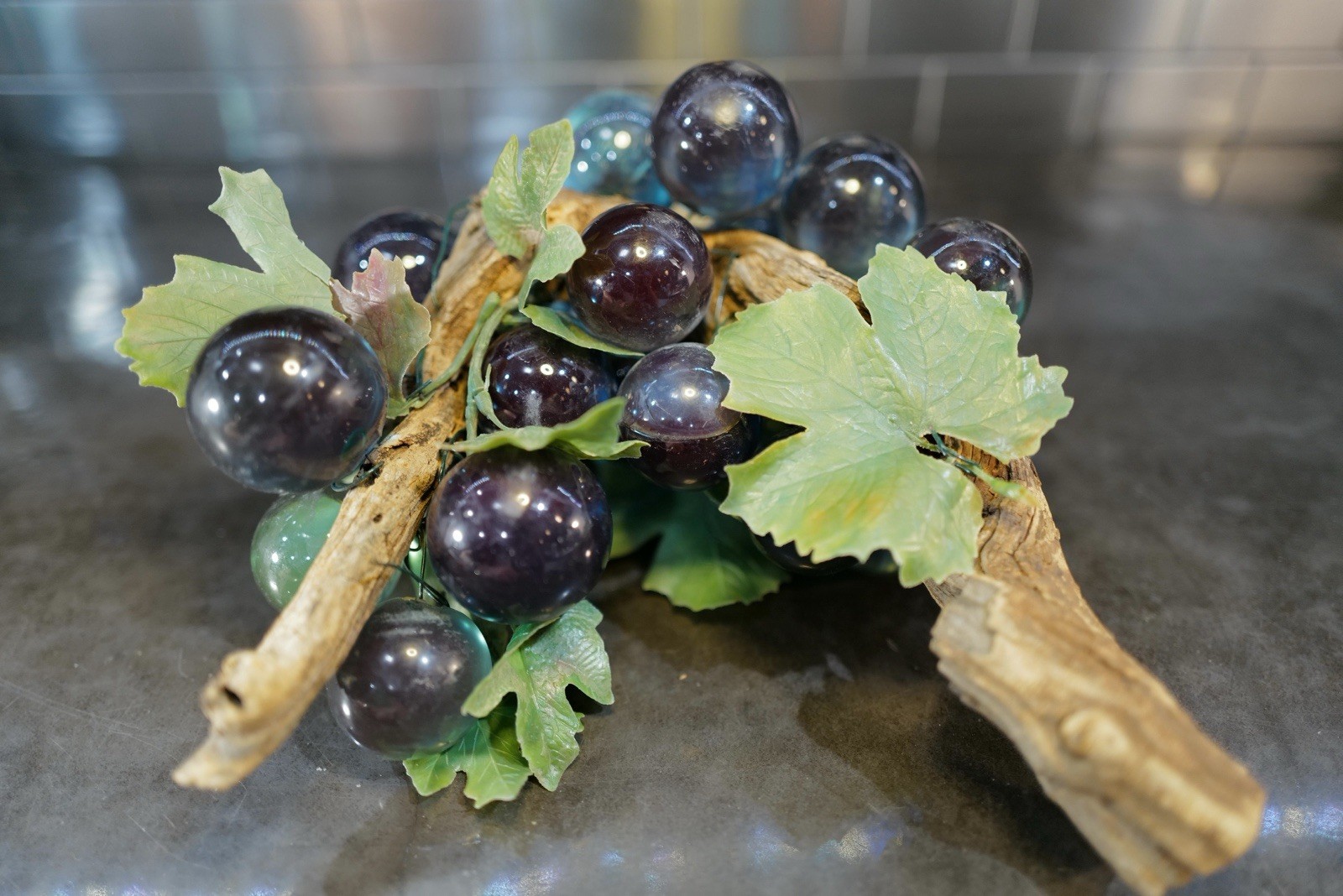 Lucite Plum Purple Grapes Cluster With Teal Undertones On Driftwood 5x9” Heavy gallery