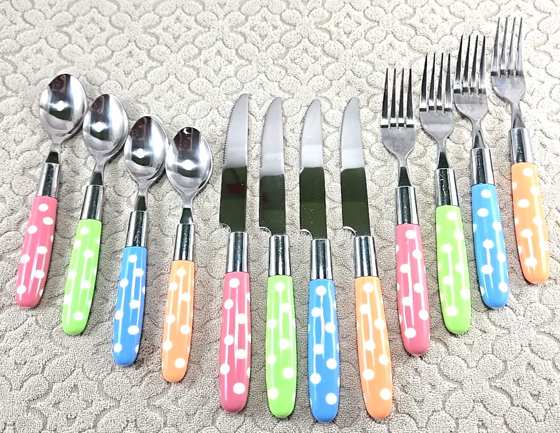 Festive Multicolor Polka Dot Stainless Steel Flatware Set for 4 – 12 Pieces​ gallery