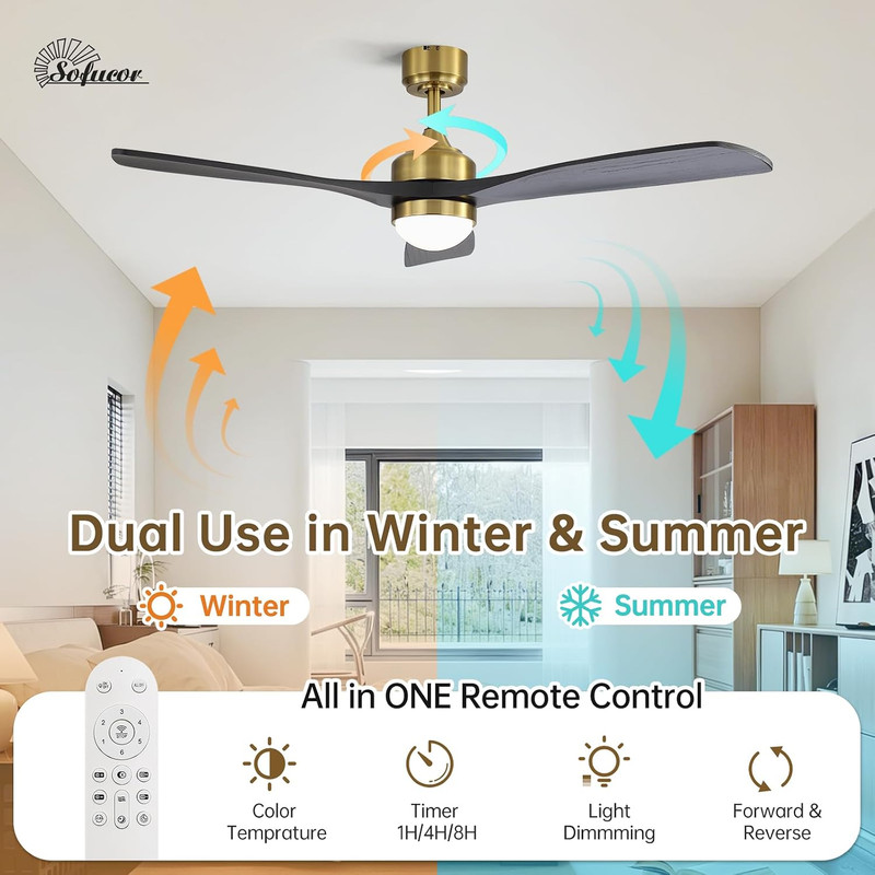 Sofucor 52" Solid Wood Ceiling Fan Lights, Flush Mount & Downrod Mount Ceiling F gallery