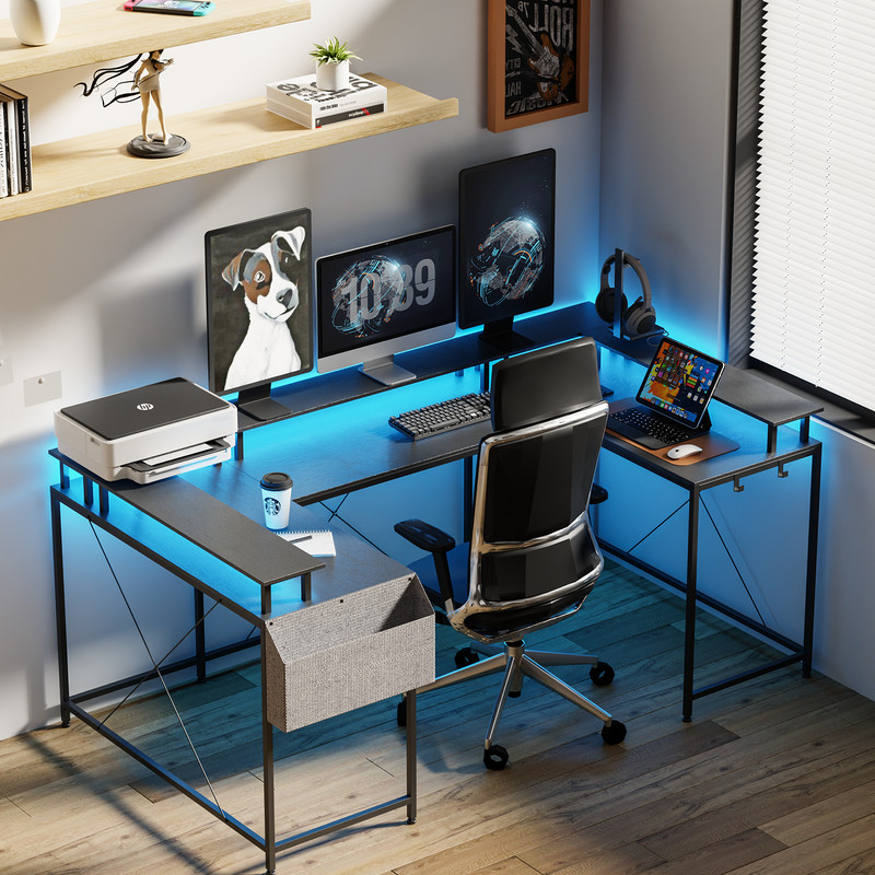 126in U Shaped Computer Gaming Desk, Reversible L Shaped Desk With Storage Shelf gallery