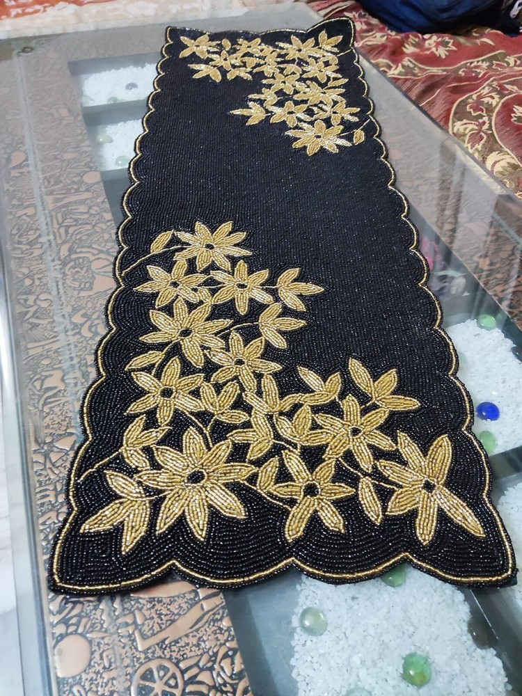 Handcrafted Beaded Table Runner Gold 36 Centerpiece Gold Floral Black 13