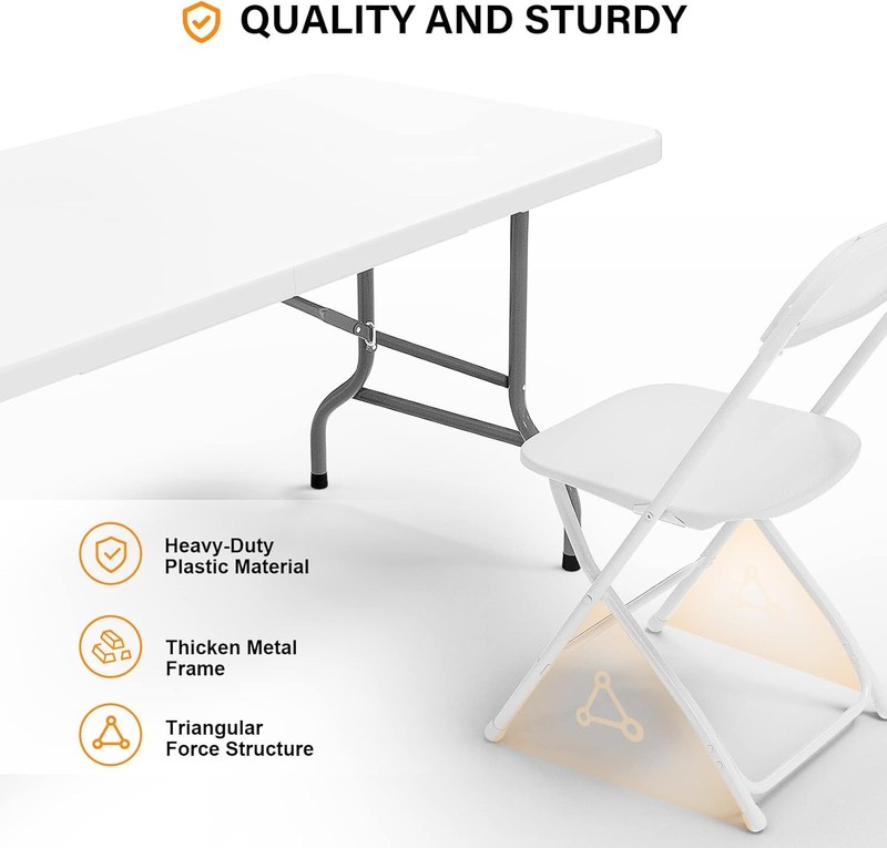 VINGLI 6 FT Plastic Folding Table Set with 6 White Folding Chairs for Picnic, Ev gallery