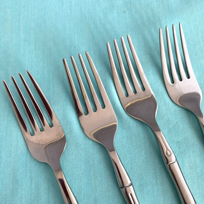 NEW 4 Hampton Forge BAMBOO Salad Forks Signature Stainless GLOSSY 7" gallery