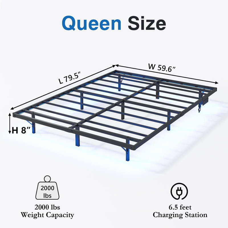 Queen Floating Bed Frame with LED Lights & Charging Station - No Box Spring Need gallery