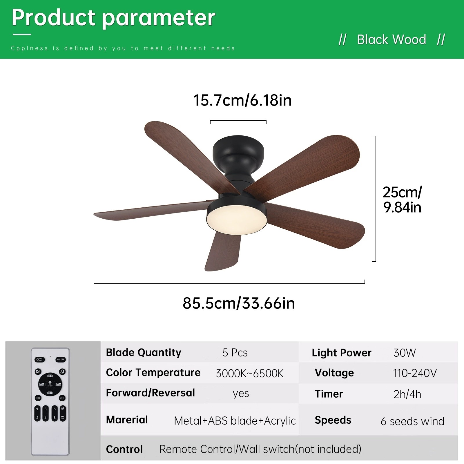 34'' 5 Blades Home Room Ceiling Fan Kitchen Ceiling Fans Remote LED Lights Hotel gallery