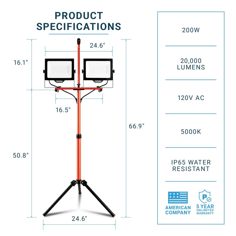 PARMIDA LED Dual-Head Work Light, Multi-Directional, 10,000W/20,000LM, 100W/200W gallery