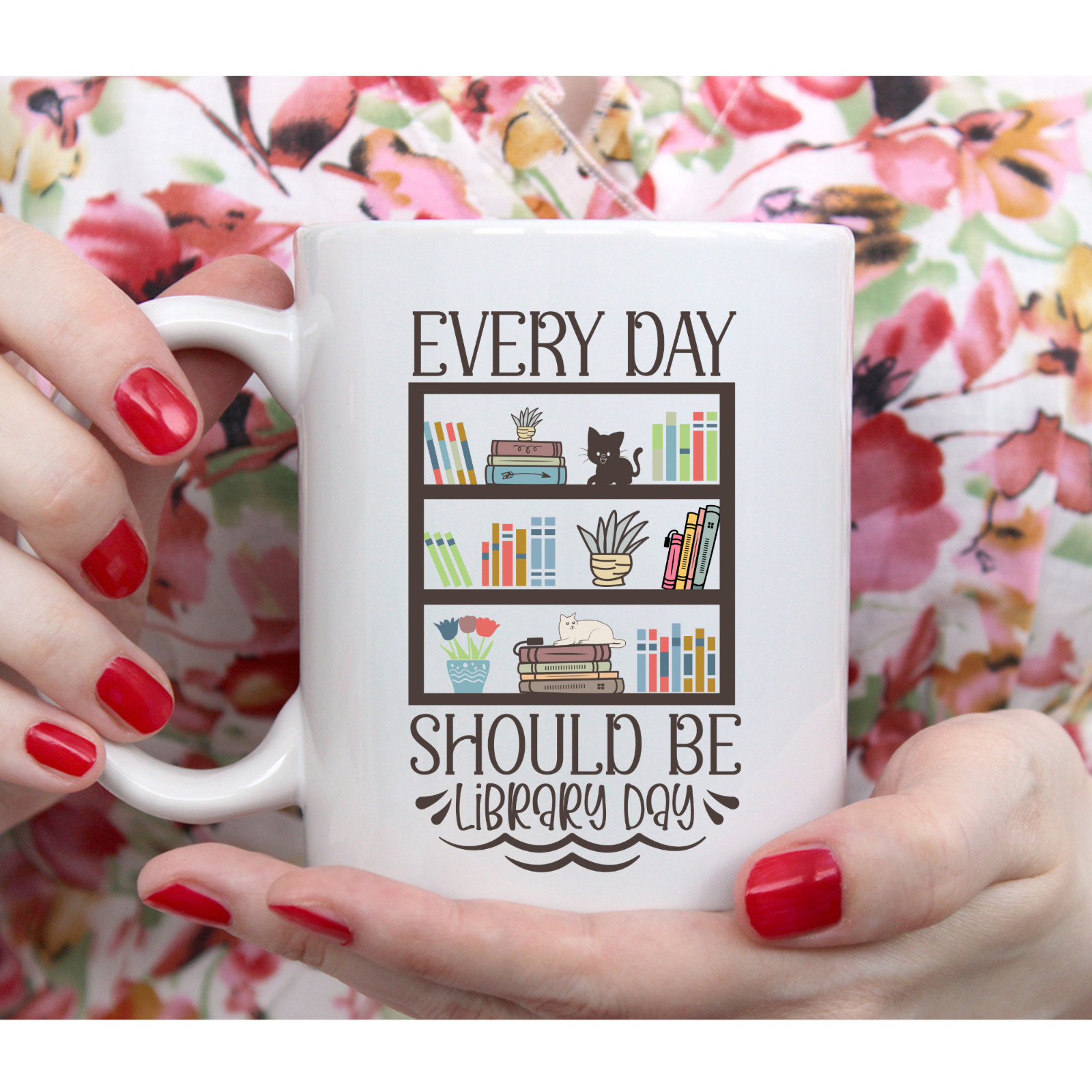 Every Day Should Be Library Day Mug Book Lover Coffee Cup Cat Reading Gift gallery
