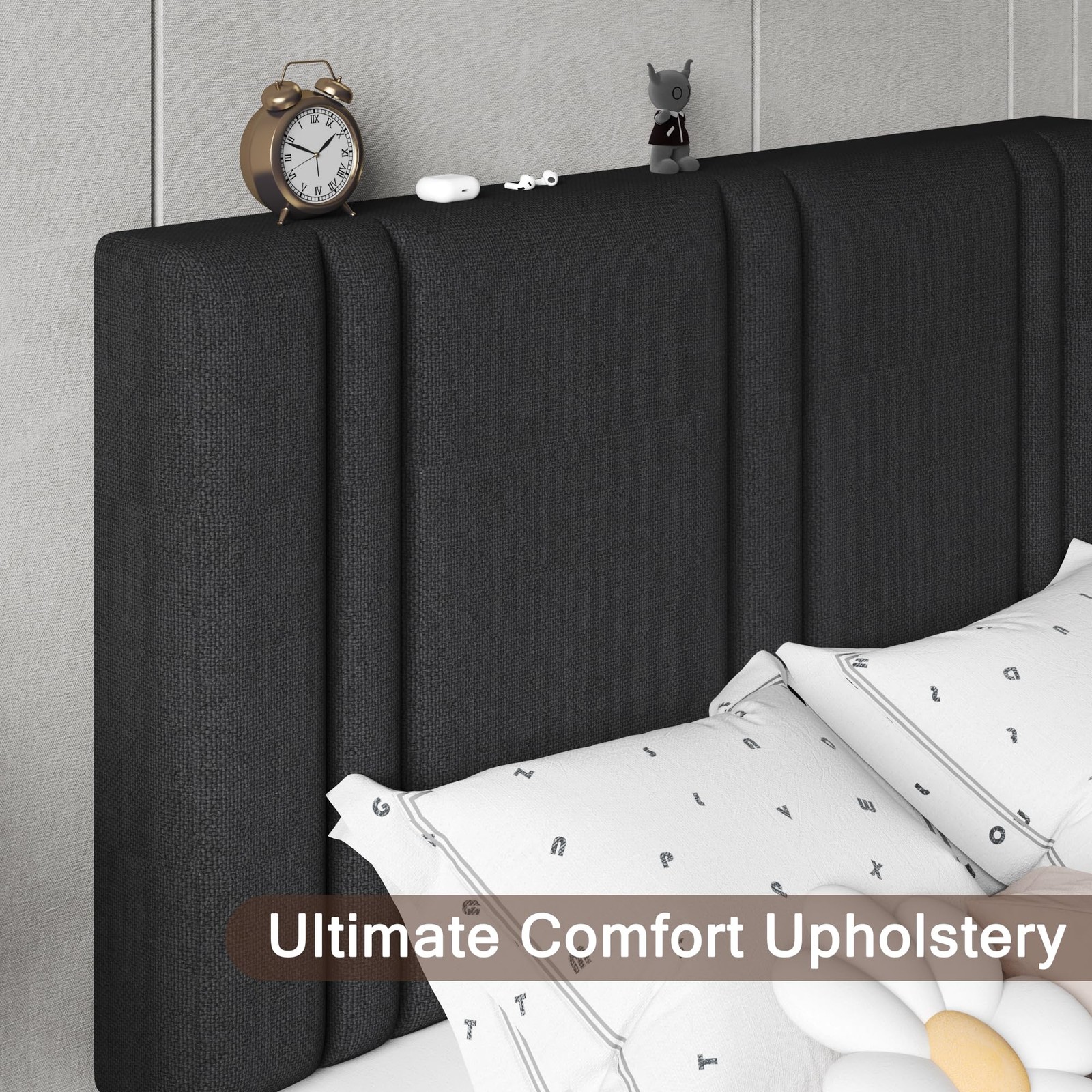 Twin Bed Frame Upholstered Linen Fabric Headboard Wooden Slats Black EI434A2 gallery