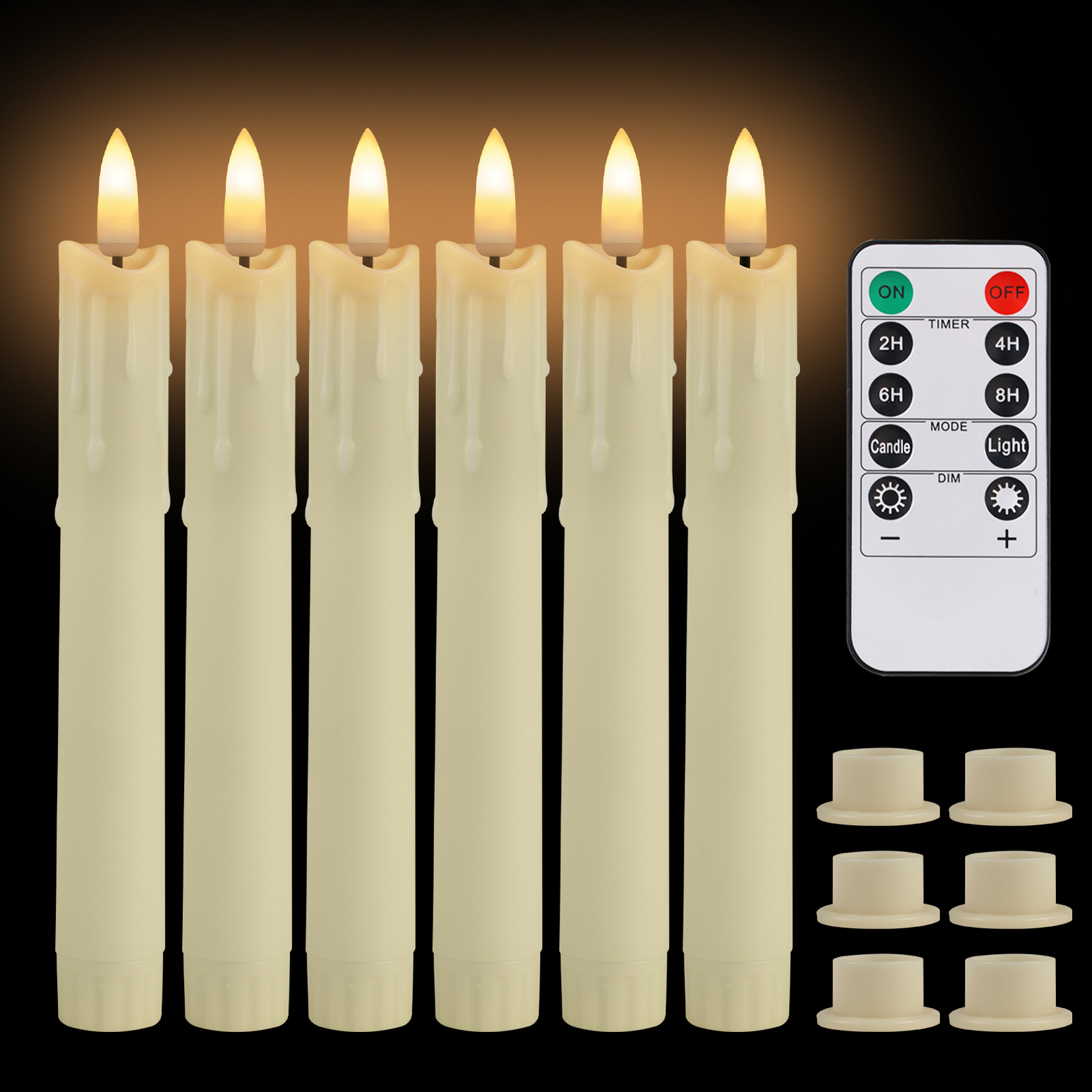 6PCS Flameless Taper Candles Light Flickering Battery Operated with Remote Timer gallery