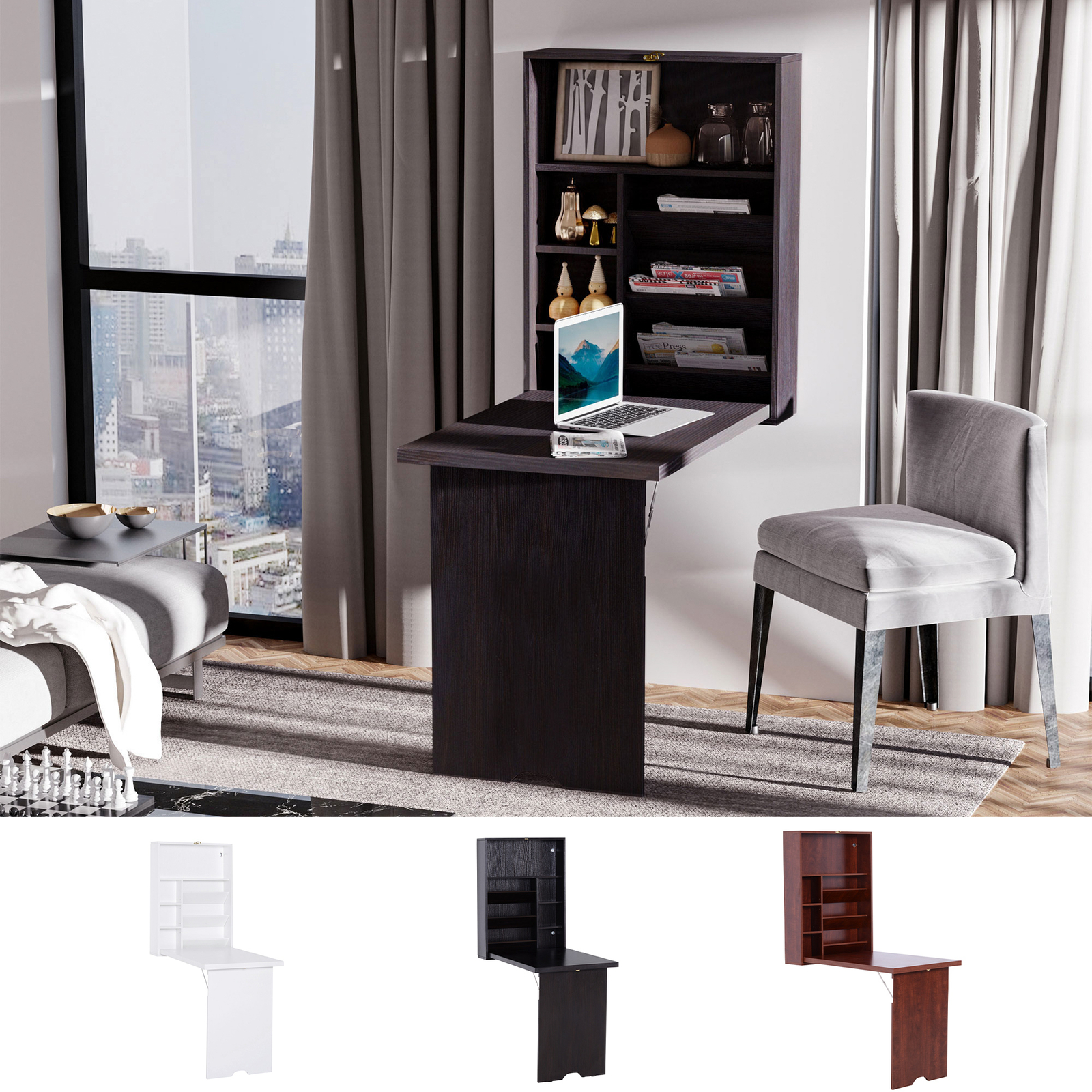 Wall Mount Writing Table Convertible Folding Computer Desk Storage Home Office gallery