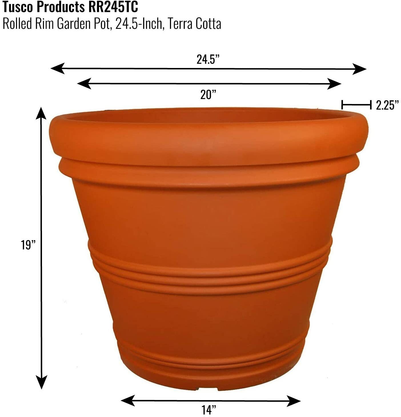Tusco Products RR245TC Plastic Rolled Rim Garden Pot, Terra Cotta Color, 24.5" gallery