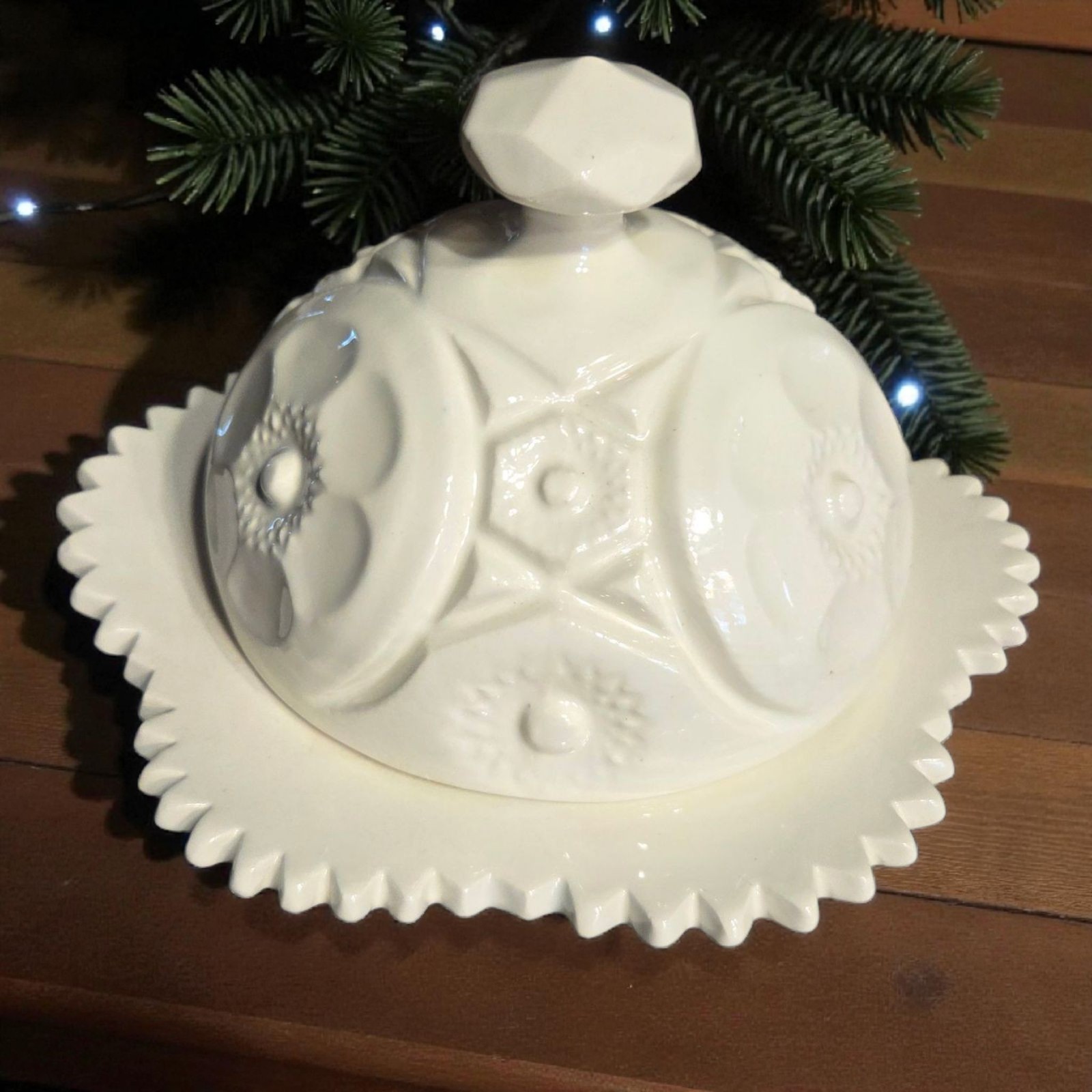 Vtg White Ceramic Lidded Butter Dish Cheese Dome MCM Floral Geometric Design gallery