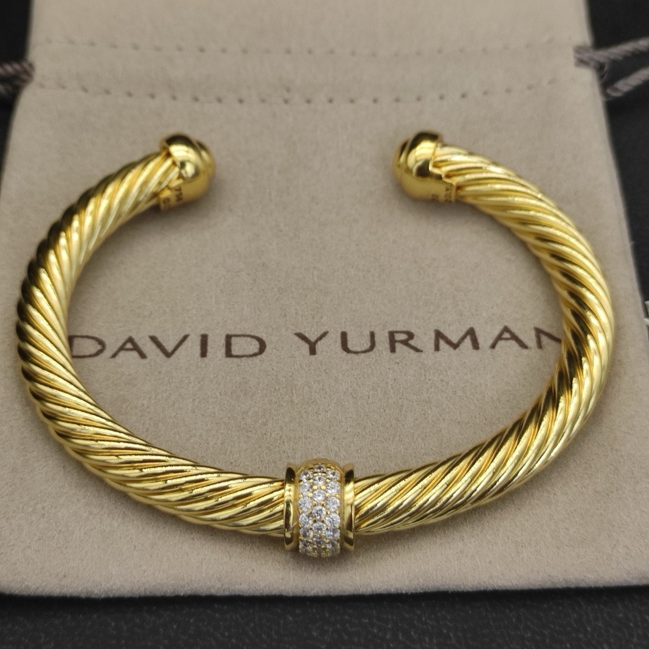 David Yurman 18K Yellow Gold Cable Cuff Bracelet w/ Round Diamond Pavé gallery