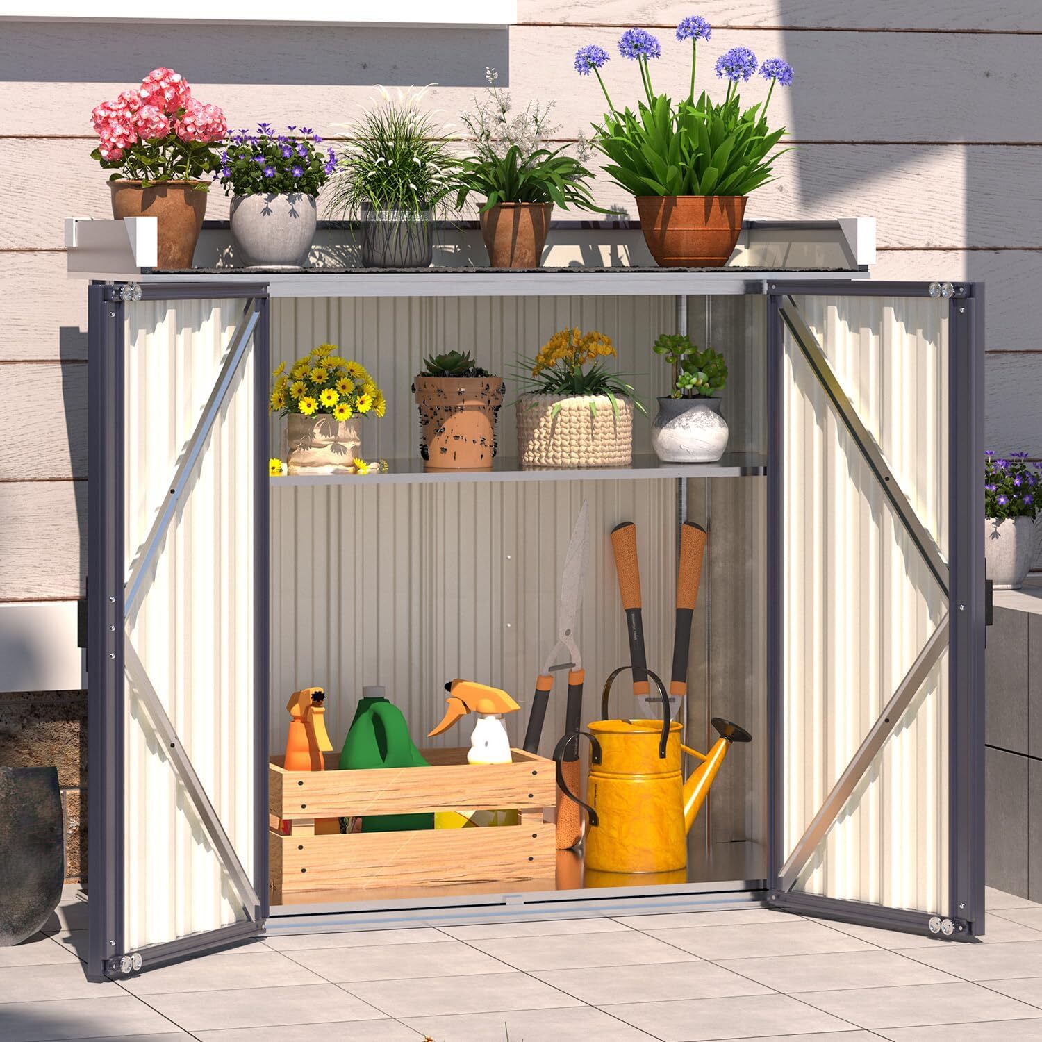Outdoor Storage Cabinet Waterproof Potting Workbench Table with Shelves gallery