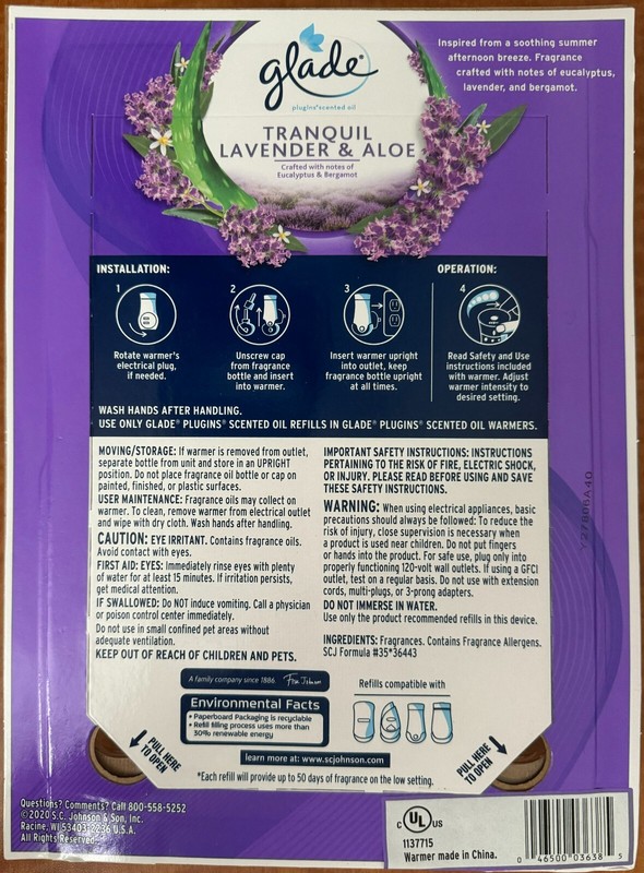 Glade Plugins Tranquil Lavender & Aloe 7 Scented Oil Refills+ 1 Warmer SCJohnson gallery