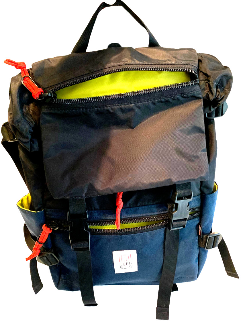 TOPO BACKPACK BLUE BLACK YELLOW POCKETS LAPTOP POCKET FOLD OVER DRAWSTRING ZIP