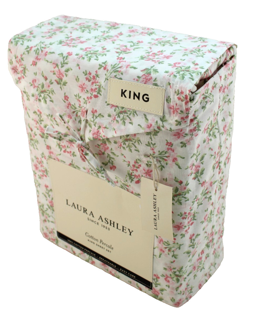 NWT LAURA ASHLEY King Size Ditsy Pink / Green Floral Cotton Percale Sheet Set gallery