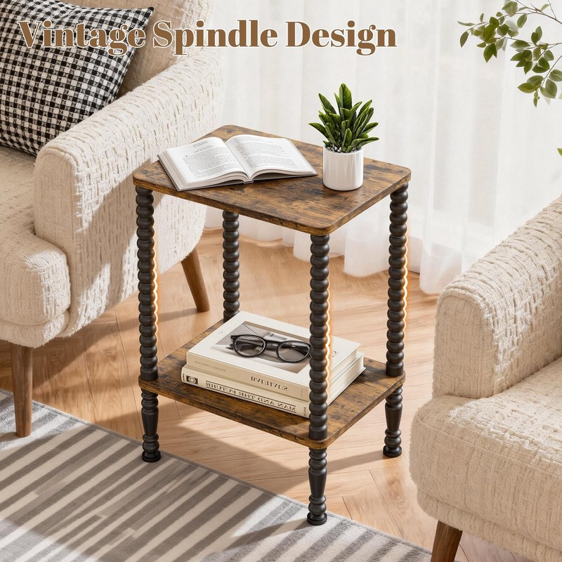 Side Table Small End Table 2Tier Nightstand Storage Shelves Rustic Brown Black gallery