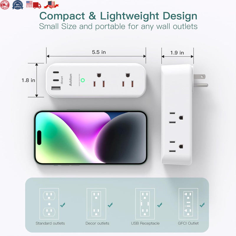 Multiple Plug Outlet Extender, 6 Wall Outlets and 3 USB Ports (2 USB C), Multi O gallery