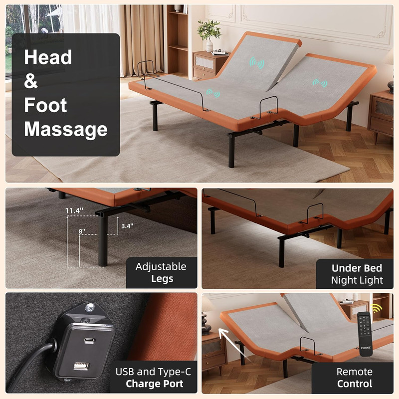 Split Top King Adjustable Bed Frame & 14" Gel Memory Foam Mattress, Orange gallery
