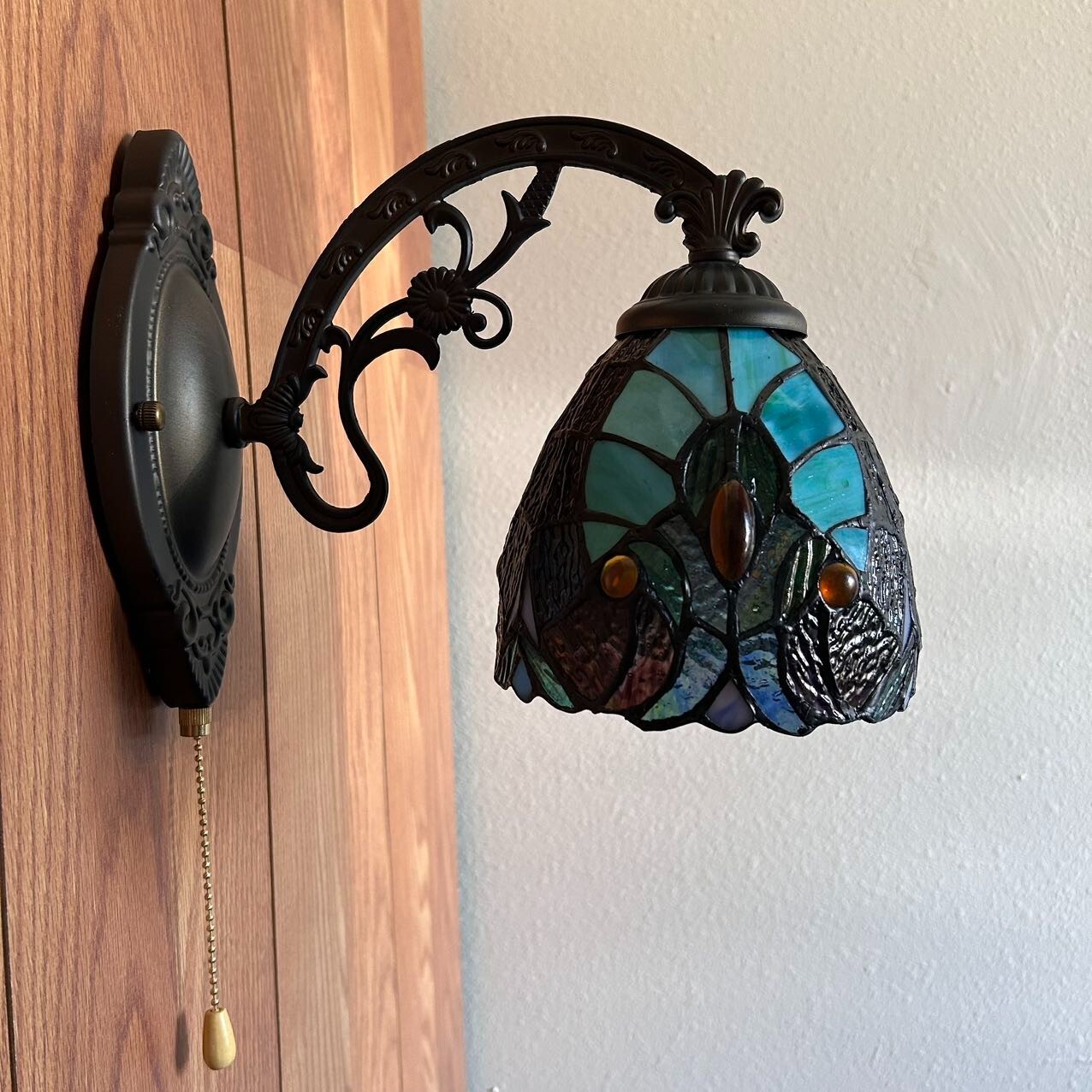 Tiffany Style Sconce Lamp Green Brown Stained Glass LED Bulb 6"W*11"D*9"H gallery