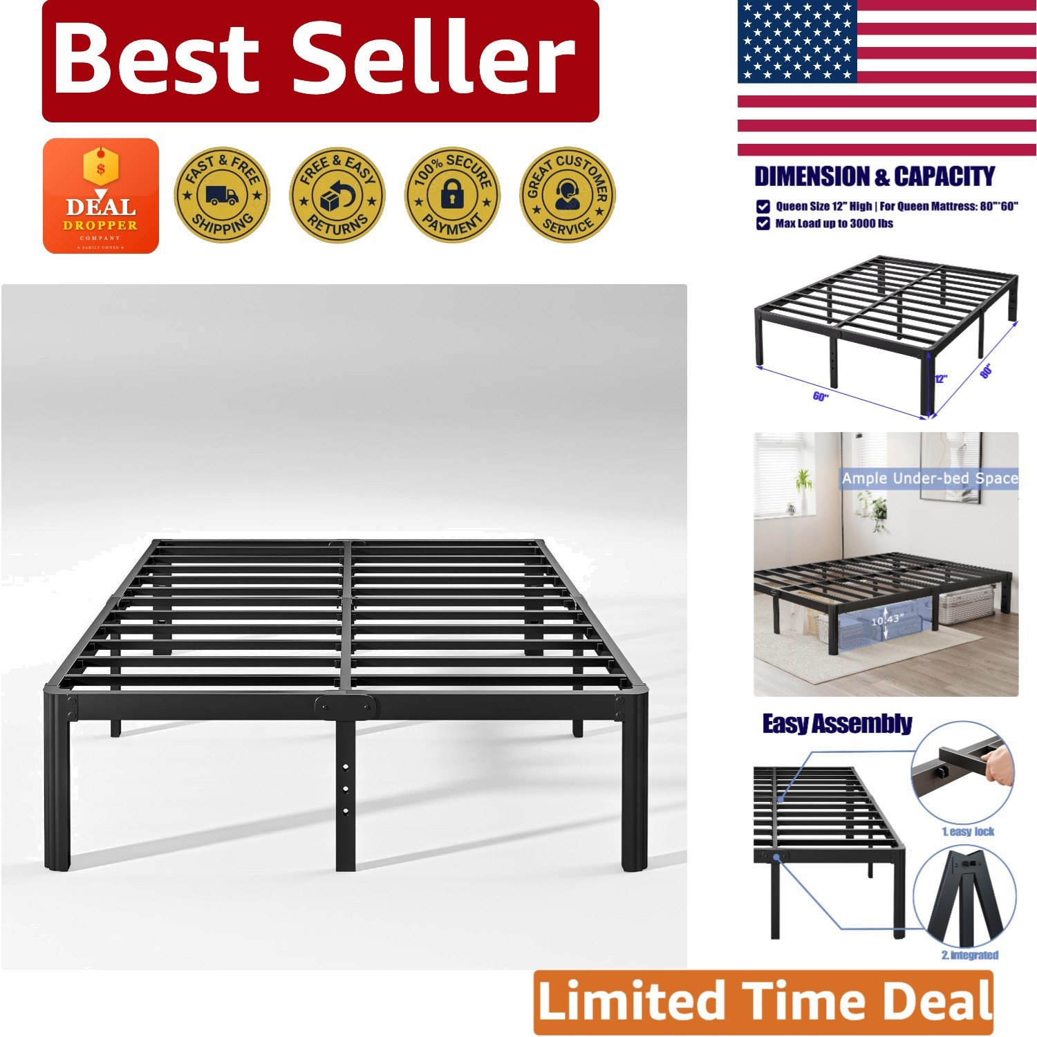 Robust Queen Metal Bed Frame 12-Inch - Squeak Resistant & Stylish Black Finish gallery