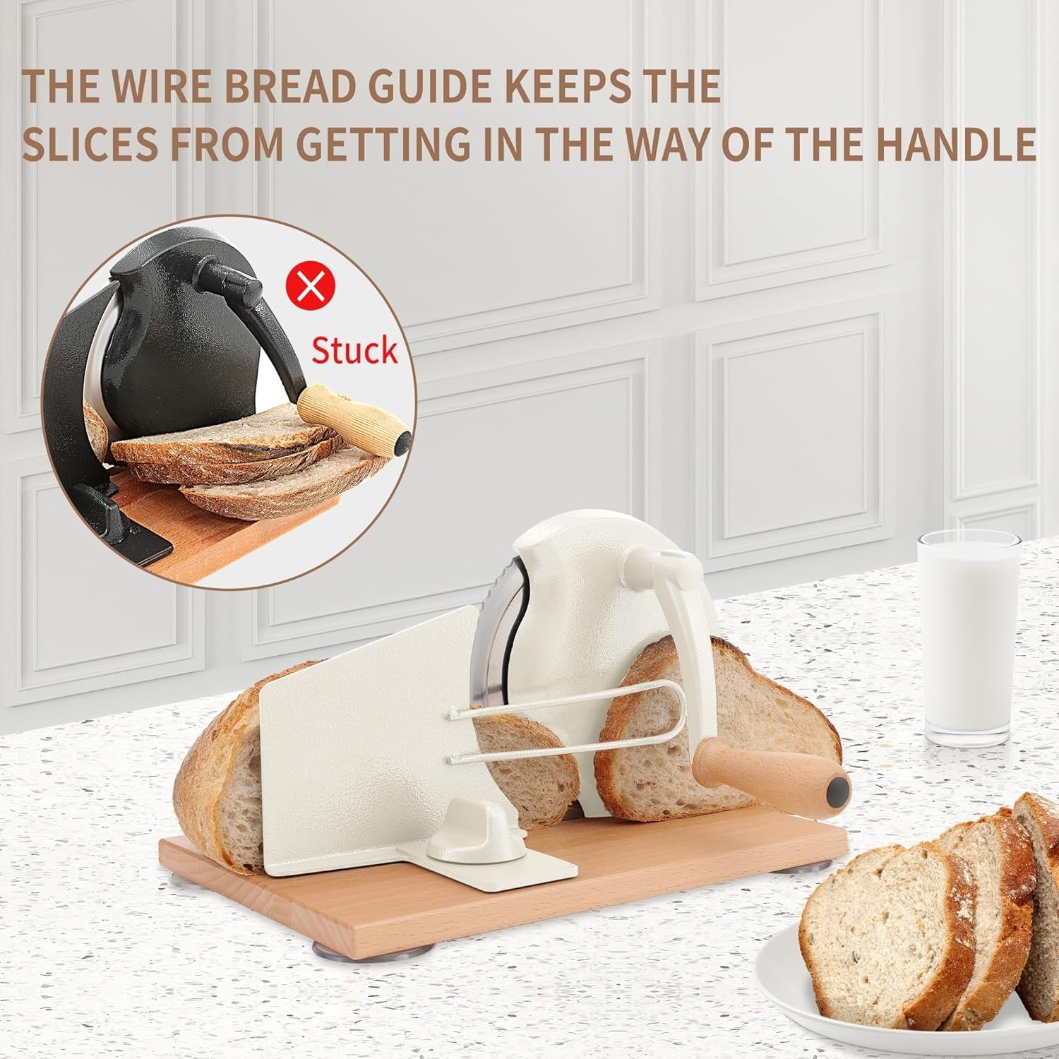 Manual Bread Slicer with Hand Crank - Adjustable Thickness Cutter, Cream gallery