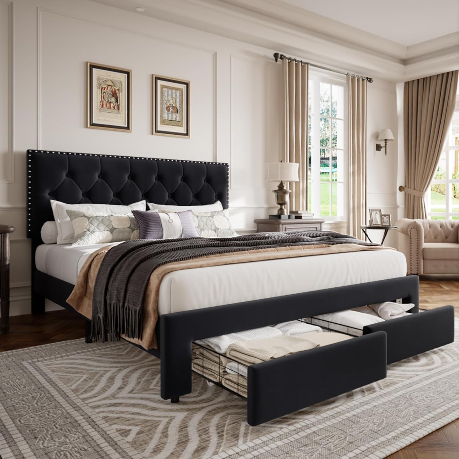 Queen Size Bed Frame ,Velvet Upholstered Platform Bed Frame w/ 2 Storage Drawer gallery