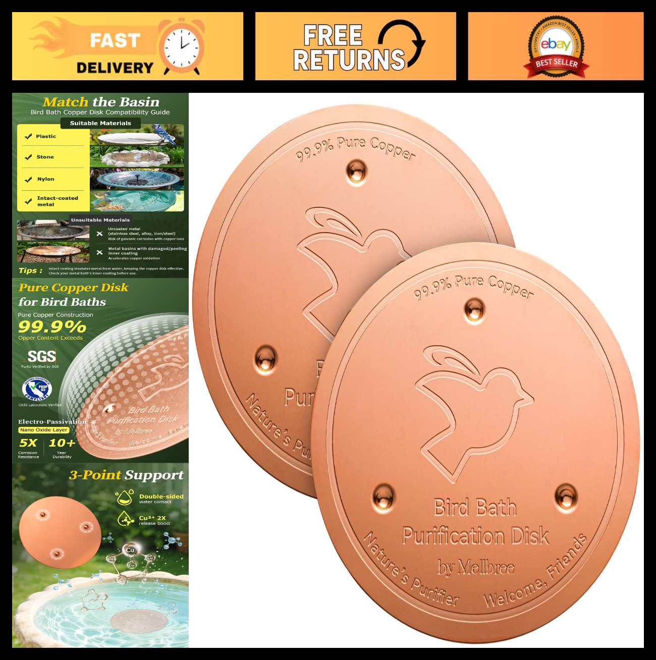 2-Pack Copper Bird Bath Cleaning Disks - 0.6mm Reinforced, Pure Copper, All-Seas gallery