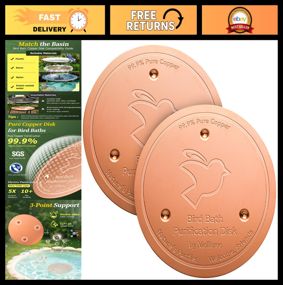 2-Pack Copper Bird Bath Cleaning Disks - 0.6mm Reinforced, Pure Copper, All-Seas