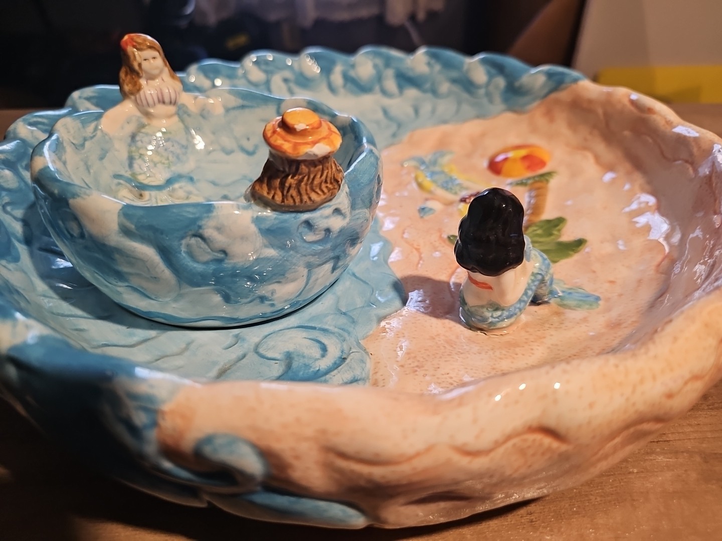 Mermaids Ceramic Chip and Dip Set 2 Pc Vintage Handpainted Cardinal inc gallery
